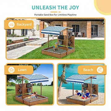 Kids Large Wooden Sandbox with Adjustable Roof and Funnel