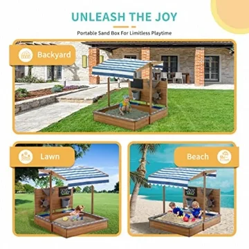 Kids Large Wooden Sandbox with Adjustable Roof and Funnel