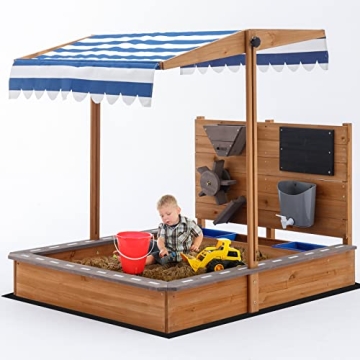 Kids Large Wooden Sandbox with Adjustable Roof and Funnel