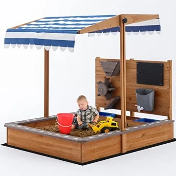 Kids Large Wooden Sandbox with Adjustable Roof and Funnel