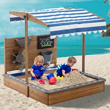Kids Large Wooden Sandbox with Adjustable Roof and Funnel