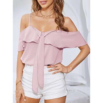 Bwogeeya Women's Summer Suspenders Chiffon Tops Cold Shoulder Ruffle Trim Blouse Pink