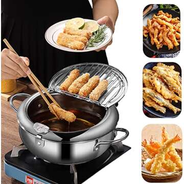 Deep Fryer Pot - Japanese Tempura Small Stainless Steel Deep Frying Pot With Thermometer,Lid And Oil...