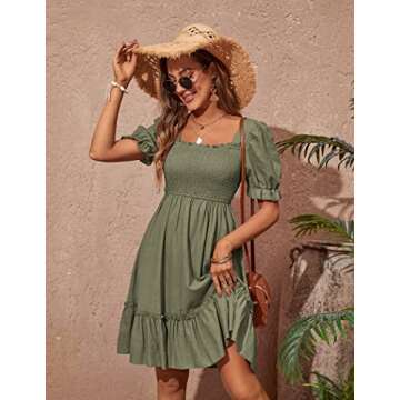 Zexxxy Women's Smocked Cotton Linen Knee Length Dress Summer Cute Square Neck Short Sleeve Dressese Army Green M