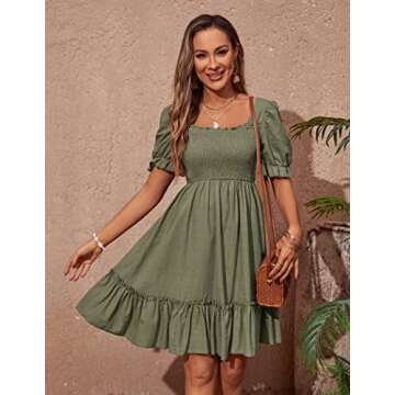 Zexxxy Women's Smocked Cotton Linen Knee Length Dress Summer Cute Square Neck Short Sleeve Dressese Army Green M