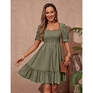 Zexxxy Women's Smocked Cotton Linen Knee Length Dress Summer Cute Square Neck Short Sleeve Dressese Army Green M