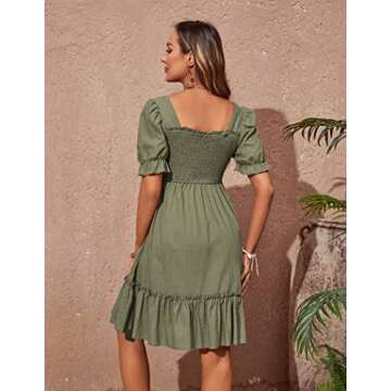 Zexxxy Women's Smocked Cotton Linen Knee Length Dress Summer Cute Square Neck Short Sleeve Dressese Army Green M