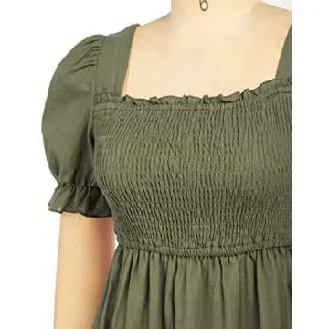 Zexxxy Women's Smocked Cotton Linen Knee Length Dress Summer Cute Square Neck Short Sleeve Dressese Army Green M