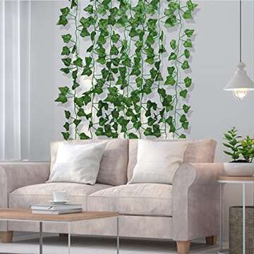 RECUTMS 86 FT Artificial Ivy Fake Greenery Leaf Garland Plants Vine Foliage Flowers Hanging for Wedding Party Garden Home Kitchen Office Wall Decoration（12 Pack）