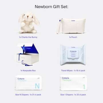 Coterie The Newborn Gift Set, Diapers Newborn (31 Count) Size 1 (33 Count) 1 Wipe Pack (18 Count) Made with Plant Derived Fibers, Hypoallergenic, Designed for Sensitive Skin, Clean Ingredients