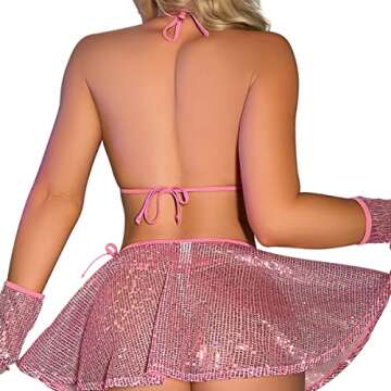 Women's Shiny Glitter Rave Outfits Mesh Sheer Halter Strappy Bra Top Micro Mini Skirt Arm Sleeves G-...