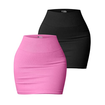 OQQ Women's 2 Piece Basic Versatile Stretchy Ribbed Casual High Waist Mini Skirt, Black Rose, Large