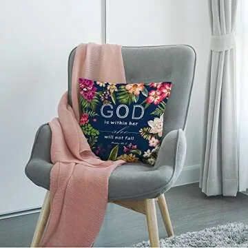 HGOD DESIGNS Flowers Pillow Covers Christian Quotes Throw Pillow Case,Bible Verses God is Within Her She Will Not Fall Psalm 46 10 Cotton Linen Square Pillow Cover for Men/Women/18x18 inch