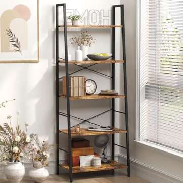 Yusong Ladder Bookshelf, BooksShelf Ladder Shelf, 5-Tier Bookcase for Bedroom, Industrial Book Shelv...