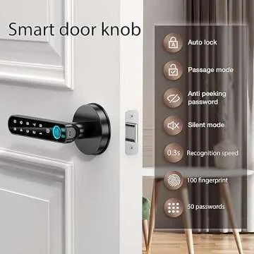 Fingerprint Door Lock, Smart Door knob,biometric Door Lock，with passcode keypad keyless Entry Door Handle，for Bedroom Home Hotel Office Apartment Blac