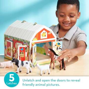 Melissa &-Doug Latches Wooden Activity Barn with 6 Doors, 4 Play Figure Farm Animals, Multicolored, 10.25” x 9” x 7.5”