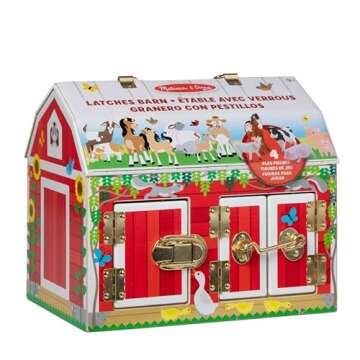 Melissa &-Doug Latches Wooden Activity Barn with 6 Doors, 4 Play Figure Farm Animals, Multicolored, 10.25” x 9” x 7.5”
