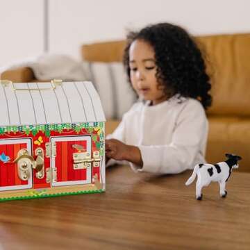Melissa &-Doug Latches Wooden Activity Barn with 6 Doors, 4 Play Figure Farm Animals, Multicolored, 10.25” x 9” x 7.5”