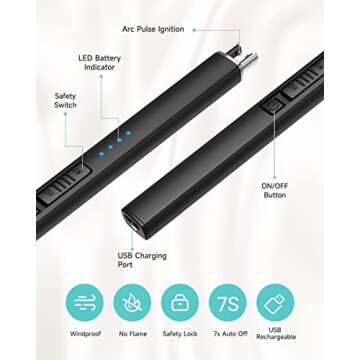 Candle Lighter, Electric Rechargeable Arc Lighter with LED Battery Display Portable USB Charging Flame-Less Windproof Lighters for Light Candles Gas Stoves Camping Barbecue(Black)