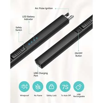 Candle Lighter, Electric Rechargeable Arc Lighter with LED Battery Display Portable USB Charging Flame-Less Windproof Lighters for Light Candles Gas Stoves Camping Barbecue(Black)