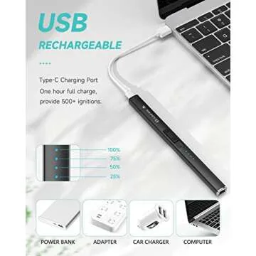 Candle Lighter, Electric Rechargeable Arc Lighter with LED Battery Display Portable USB Charging Flame-Less Windproof Lighters for Light Candles Gas Stoves Camping Barbecue(Black)