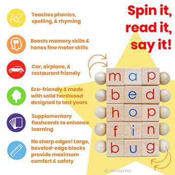 LITTLE BUD KIDS Spin-and-Read Montessori Phonetic Reading Blocks with CVC Phonics Flashcards for Beg...