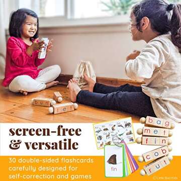 LITTLE BUD KIDS Spin-and-Read Montessori Phonetic Reading Blocks with CVC Phonics Flashcards for Beginner Readers, Montessori Reading Wooden Toys for 3 Years +