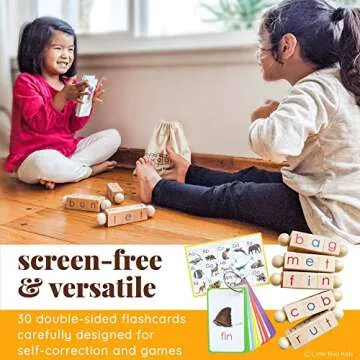 LITTLE BUD KIDS Spin-and-Read Montessori Phonetic Reading Blocks with CVC Phonics Flashcards for Beginner Readers, Montessori Reading Wooden Toys for 3 Years +