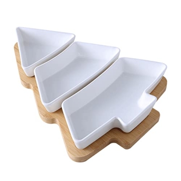 Big White Tree Plates Chip & Dip Set - Elegant 12 Inch Ceramic Snacks Serving Dish with Bamboo Tray