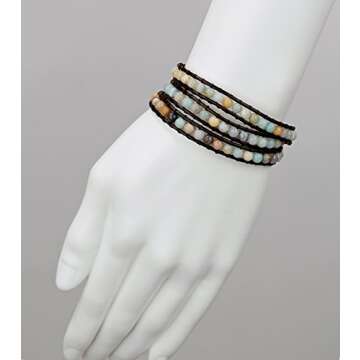 SPUNKYsoul Harmonious Healing: Handmade 3-Wrap Amazonite Leather Bracelet with Adjustable Closure for Women - Natural Beaded Jewelry for Women