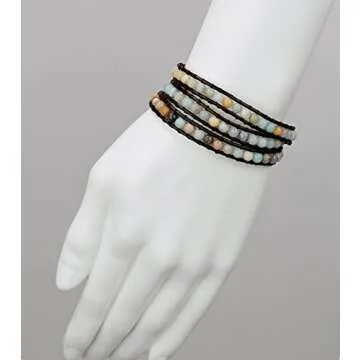 SPUNKYsoul Harmonious Healing: Handmade 3-Wrap Amazonite Leather Bracelet with Adjustable Closure for Women - Natural Beaded Jewelry for Women