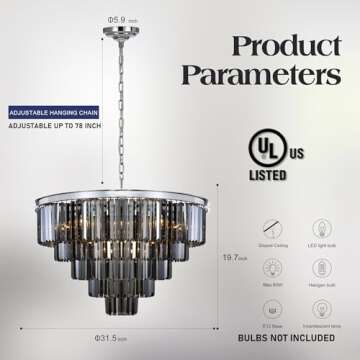 MEELIGHTING 16Lights Smoke Crystal Chandelier Modern Chandeliers Lighting Pendant Ceiling Light Fixture 5-Tier for Dining Room Living Room Bedroom, Chrome Finished W31.5''