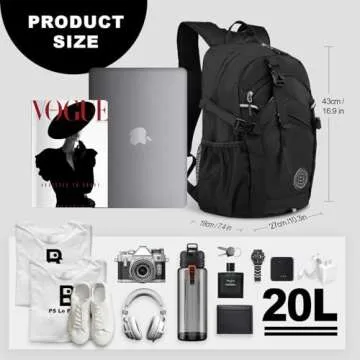 PS Le Periple Small Hiking Backpack, 20L Lightweight Travel Backpack with Phone Pocket, Hiking Daypack for Women Men,Black