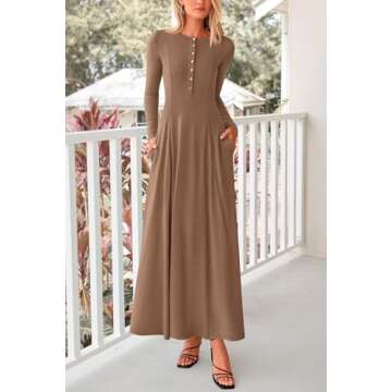 PRETTYGARDEN Casual Maxi Dress for Women 2025 Spring Fashion Long Sleeve Button Fit and Flare Long Flowy Dresses (Dark Khaki,Medium)