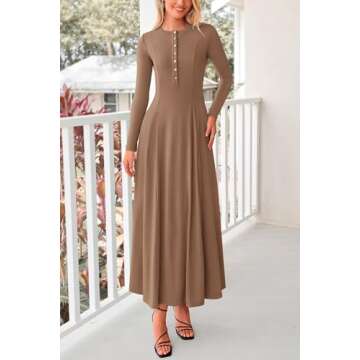 PRETTYGARDEN Casual Maxi Dress for Women 2025 Spring Fashion Long Sleeve Button Fit and Flare Long Flowy Dresses (Dark Khaki,Medium)