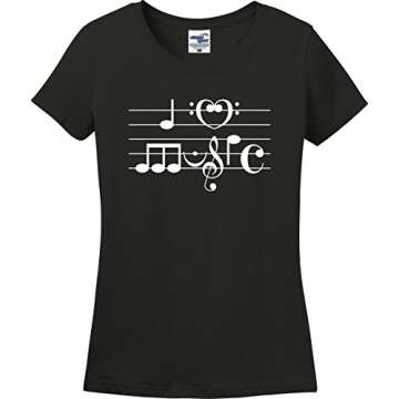 I Love Music in Musical Symbols Ladies T-Shirt (S-3X) (Ladies Medium, Black)