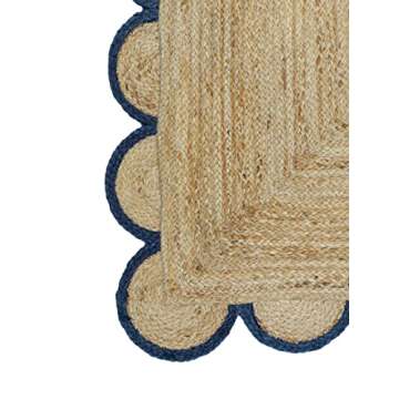 Weaving Village Scalloped Jute Area Rug - Handmade Natural Design with Navy Trim