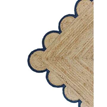 Unique Scalloped Jute Rug with Navy Trim - 2'6x6'