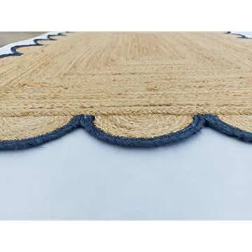 Unique Scalloped Jute Rug with Navy Trim - 2'6x6'