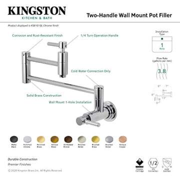 Kingston Brass KS8103DL Wall Mount Pot Filler Kitchen Faucet, Antique Brass,13" Length