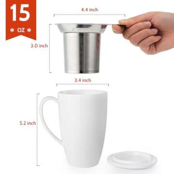 Sweese Tea Cup with Infuser and Lid, Microwave Safe Tea Mug with Handle - 15oz Porcelain Cup for Tea...