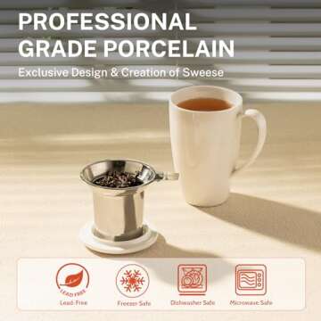 Sweese Tea Cup with Infuser and Lid, Microwave Safe Tea Mug with Handle - 15oz Porcelain Cup for Tea Warm and Hot Water - Quality Tea Infuser Cup for Tea Drinker