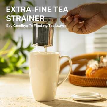 Sweese Tea Cup with Infuser and Lid, Microwave Safe Tea Mug with Handle - 15oz Porcelain Cup for Tea Warm and Hot Water - Quality Tea Infuser Cup for Tea Drinker