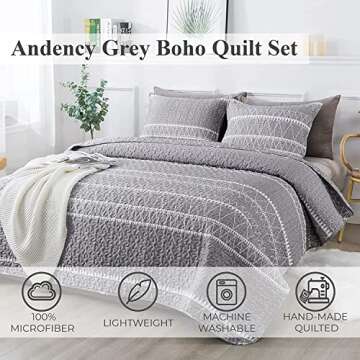 Andency Quilt King Size Set Grey (106x96 Inch), 3 Pieces(1 Striped Boho Printed Quilt and 2 Pillowca...