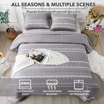 Andency Quilt King Size Set Grey (106x96 Inch), 3 Pieces(1 Striped Boho Printed Quilt and 2 Pillowcases), Bohemian Summer Lightweight Reversible Microfiber Bedspread Coverlet Sets