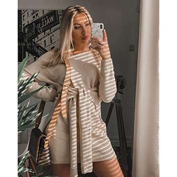 Happy Sailed Women Knotted Sweater Dress V Neck Long Sleeves Tie Waist Knitted Sweater Pencil Dress Apricot M
