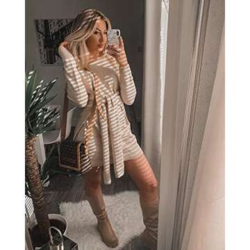 Happy Sailed Women Knotted Sweater Dress V Neck Long Sleeves Tie Waist Knitted Sweater Pencil Dress Apricot M