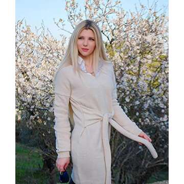 Happy Sailed Women Knotted Sweater Dress V Neck Long Sleeves Tie Waist Knitted Sweater Pencil Dress Apricot M