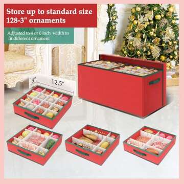 Christmas Ornament Storage Box, Ornament Organizer Storage box with Lids and Adjustable Dividers , S...