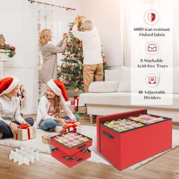 Christmas Ornament Storage Box, Ornament Organizer Storage box with Lids and Adjustable Dividers , Store Up to 128-3" Ornaments, Extra Large Holiday Decor Storage Container with 8 Stackable Trays, Red